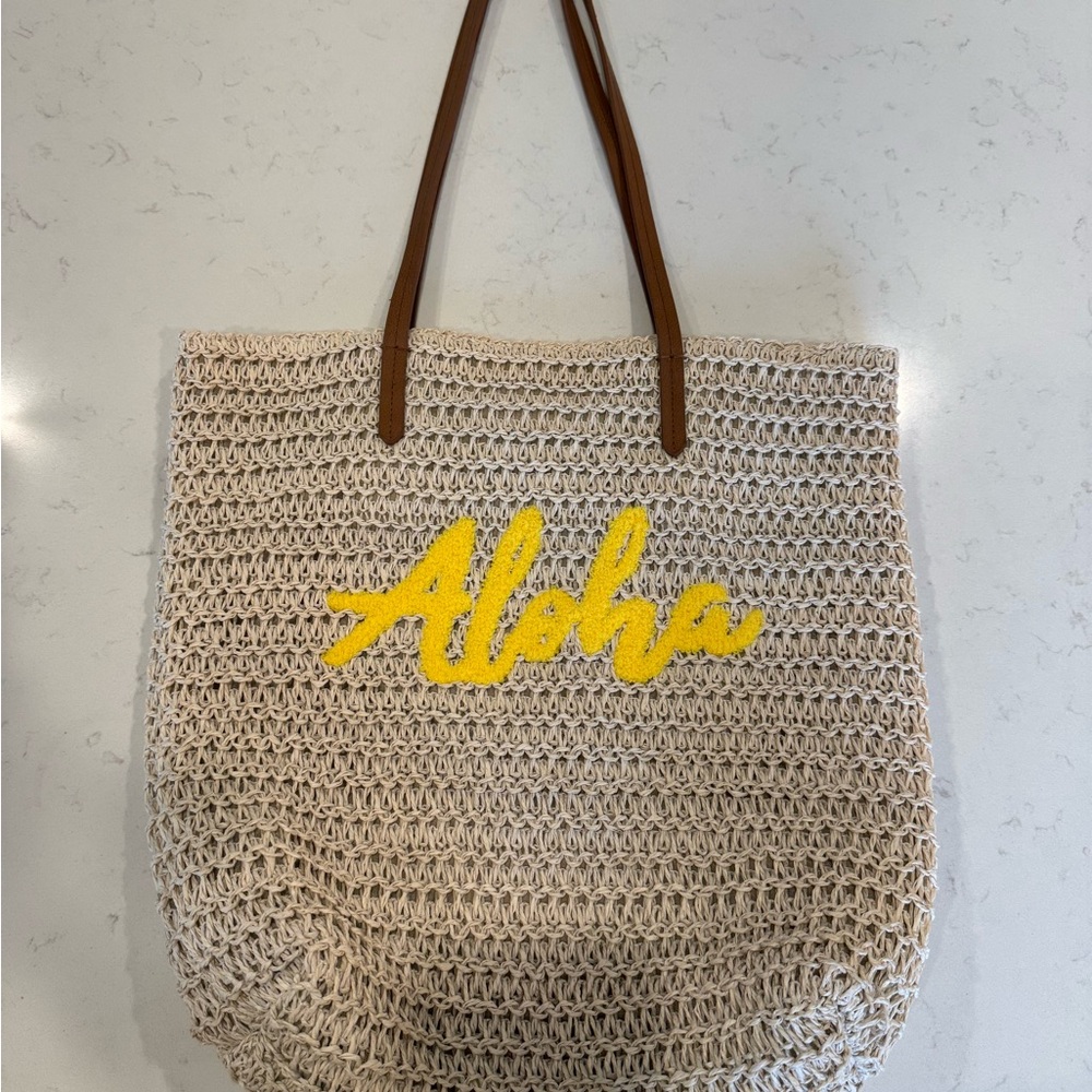 Cream and Yellow Woven Tote Bag with Aloha Design